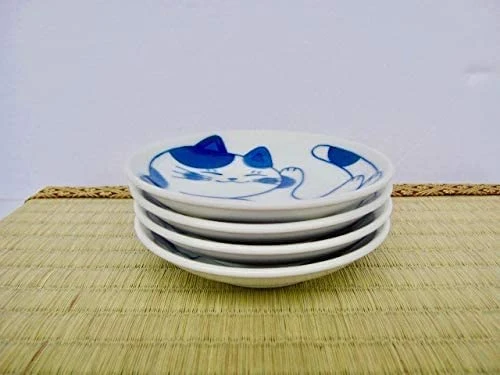 Japanese Small Plate Set Ceramic Cute Cats Design Appetizer Dessert Sushi Sauce 3.94 X 0.8 Inches Set of 4